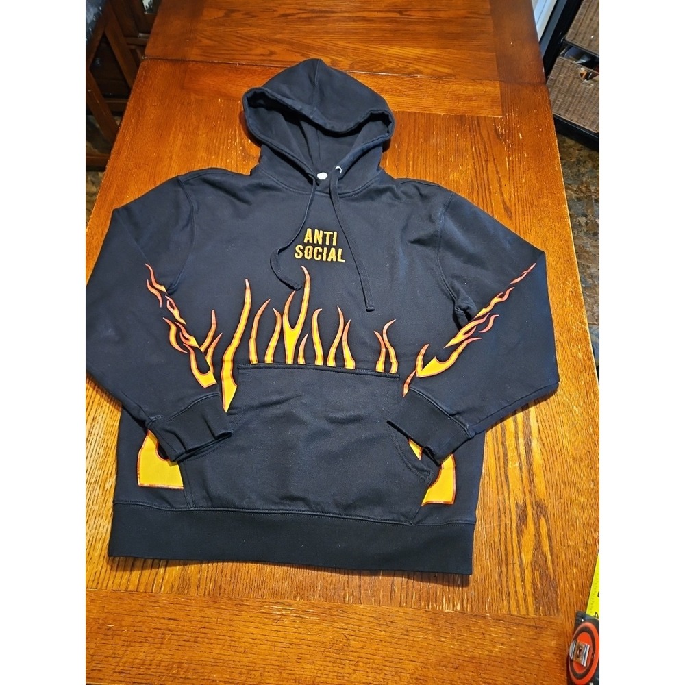 Anti Social Hoodie Sweatshirt  Black Fire Flames Skatewear 2000s Y2K Large (A868